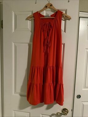 Velvet Torch Sleeveless Tiered Tie-Front Dress in Coral